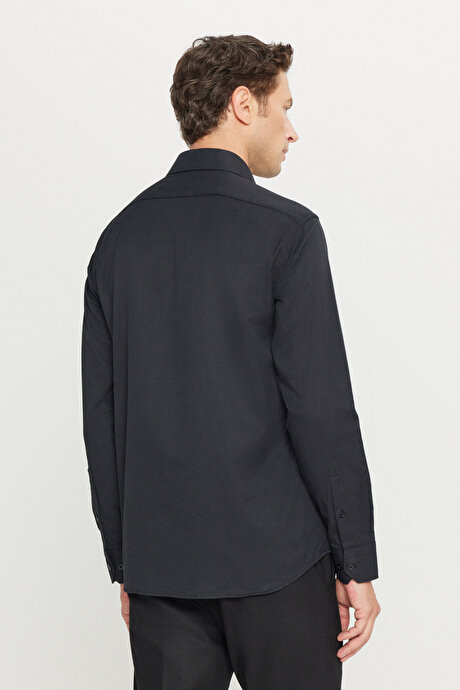 Pamuklu Slim Fit Dar Kesim Klasik Yaka Armürlü Siyah Gömlek resmi