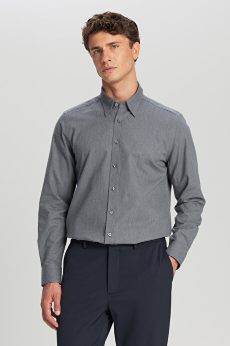 %100 Pamuk Flanel Slim Fit Dar Kesim Gizli Düğmeli Yaka Desenli Gri Gömlek resmi