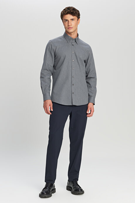 %100 Pamuk Flanel Slim Fit Dar Kesim Gizli Düğmeli Yaka Desenli Gri Gömlek resmi