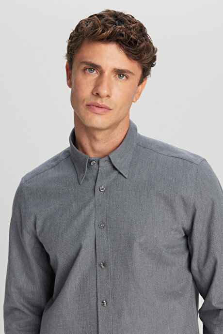 %100 Pamuk Flanel Slim Fit Dar Kesim Gizli Düğmeli Yaka Desenli Gri Gömlek resmi