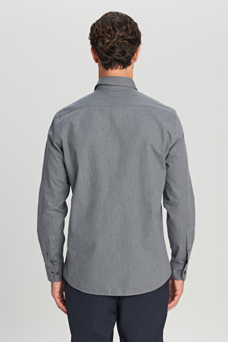 %100 Pamuk Flanel Slim Fit Dar Kesim Gizli Düğmeli Yaka Desenli Gri Gömlek resmi