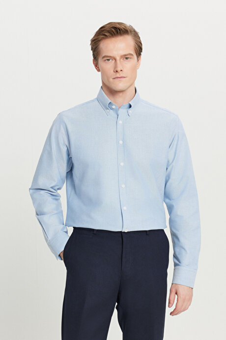 %100 Pamuk Oxford Comfort Fit Rahat Kesim Düğmeli Yaka Mavi Gömlek resmi