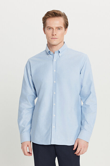 %100 Pamuk Oxford Comfort Fit Rahat Kesim Düğmeli Yaka Mavi Gömlek resmi