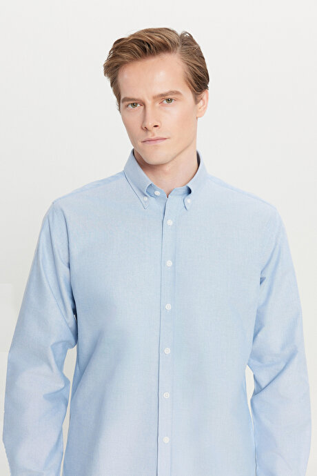 %100 Pamuk Oxford Comfort Fit Rahat Kesim Düğmeli Yaka Mavi Gömlek resmi