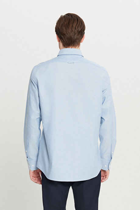 %100 Pamuk Oxford Comfort Fit Rahat Kesim Düğmeli Yaka Mavi Gömlek resmi