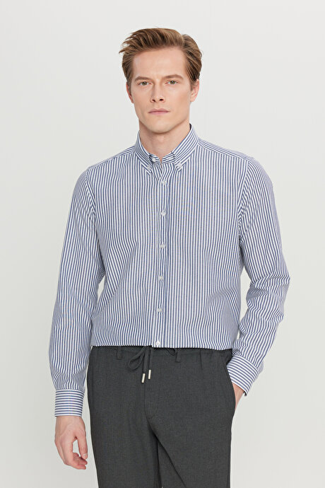 Pamuklu Tailored Slim Fit Dar Kesim Düğmeli Yaka Çizgili Beyaz-Antrasit Gömlek resmi