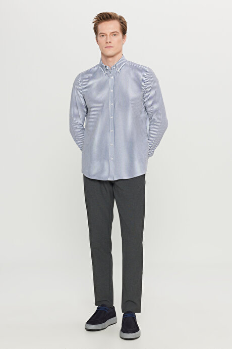 Pamuklu Tailored Slim Fit Dar Kesim Düğmeli Yaka Çizgili Beyaz-Antrasit Gömlek resmi