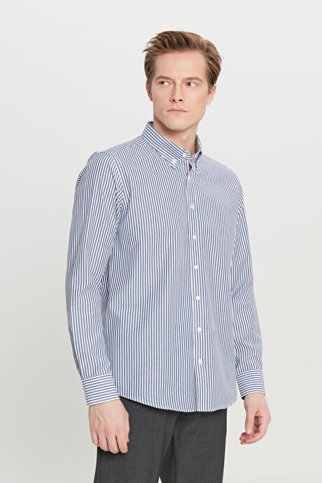 Pamuklu Tailored Slim Fit Dar Kesim Düğmeli Yaka Çizgili Beyaz-Antrasit Gömlek resmi