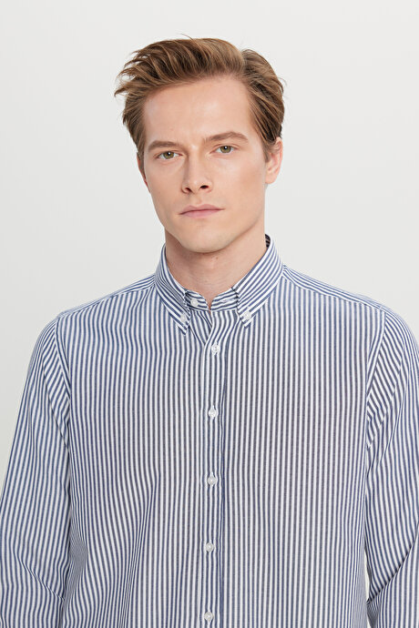 Pamuklu Tailored Slim Fit Dar Kesim Düğmeli Yaka Çizgili Beyaz-Antrasit Gömlek resmi