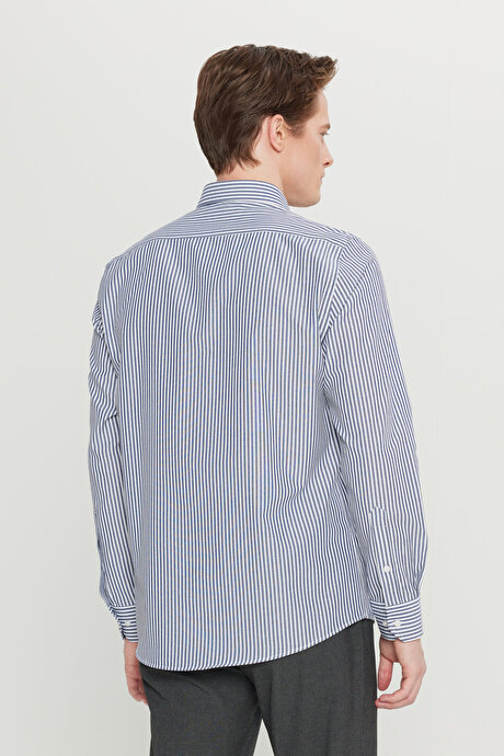 Pamuklu Tailored Slim Fit Dar Kesim Düğmeli Yaka Çizgili Beyaz-Antrasit Gömlek resmi