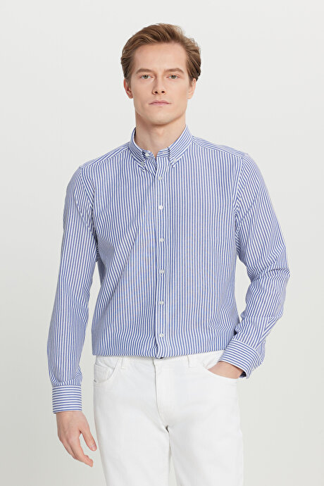 Pamuklu Tailored Slim Fit Dar Kesim Düğmeli Yaka Çizgili Beyaz-Lacivert Gömlek resmi