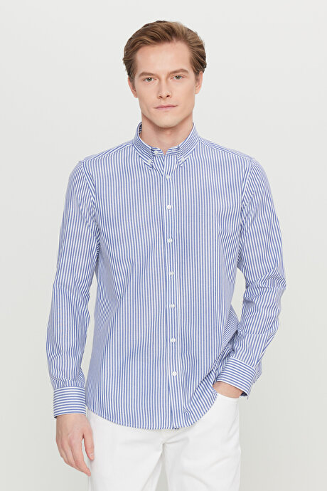 Pamuklu Tailored Slim Fit Dar Kesim Düğmeli Yaka Çizgili Beyaz-Lacivert Gömlek resmi