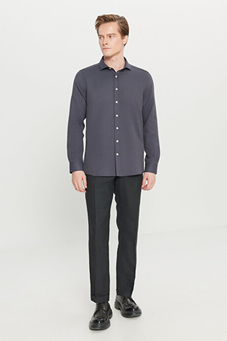 Pamuklu Tailored Slim Fit Dar Kesim Küçük İtalyan Yaka Armürlü Antrasit Gömlek resmi