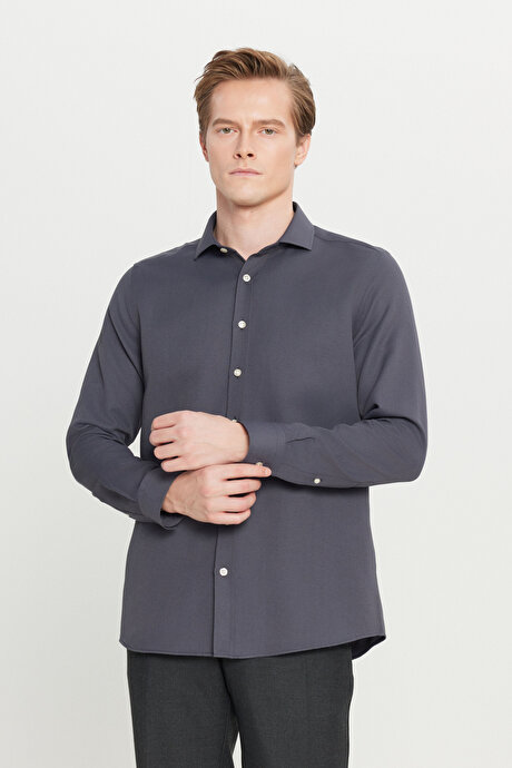 Pamuklu Tailored Slim Fit Dar Kesim Küçük İtalyan Yaka Armürlü Antrasit Gömlek resmi