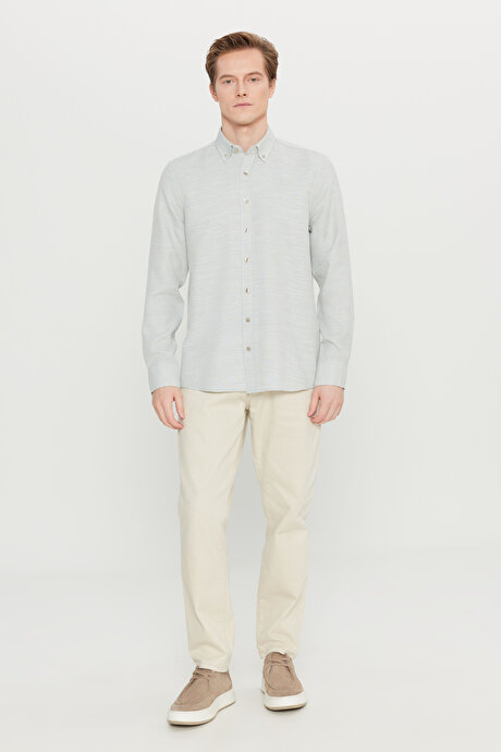 Pamuklu Tailored Slim Fit Dar Kesim Düğmeli Yaka Armürlü Haki Gömlek resmi