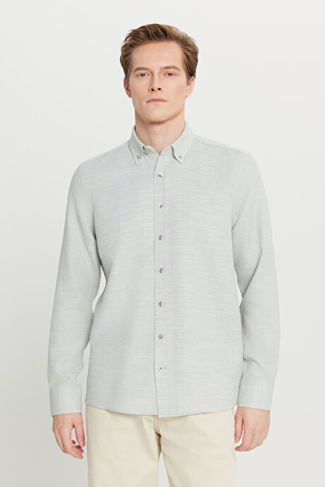 Pamuklu Tailored Slim Fit Dar Kesim Düğmeli Yaka Armürlü Haki Gömlek resmi