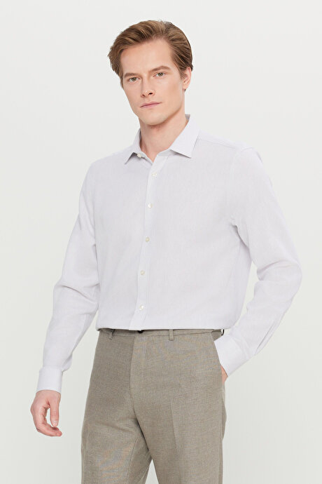 %100 Pamuk Tailored Slim Fit Dar Kesim Klasik Yaka Armürlü Gri Gömlek resmi
