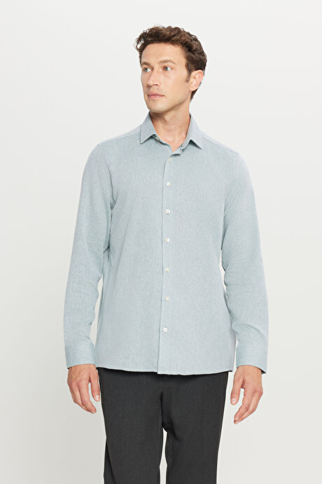 %100 Pamuk Tailored Slim Fit Dar Kesim Klasik Yaka Armürlü Koyu Yeşil Gömlek resmi