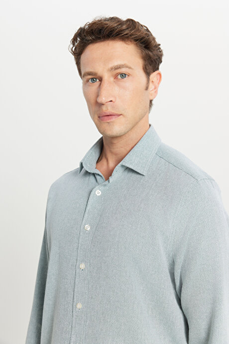 %100 Pamuk Tailored Slim Fit Dar Kesim Klasik Yaka Armürlü Koyu Yeşil Gömlek resmi