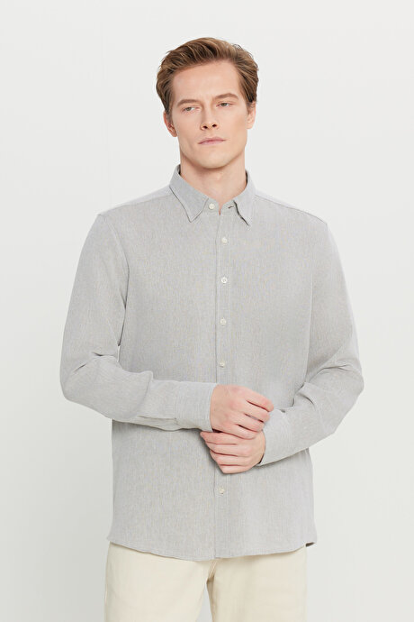 %100 Pamuklu Slim Fit Gizli Düğmeli Yaka Armürlü Haki Gömlek resmi