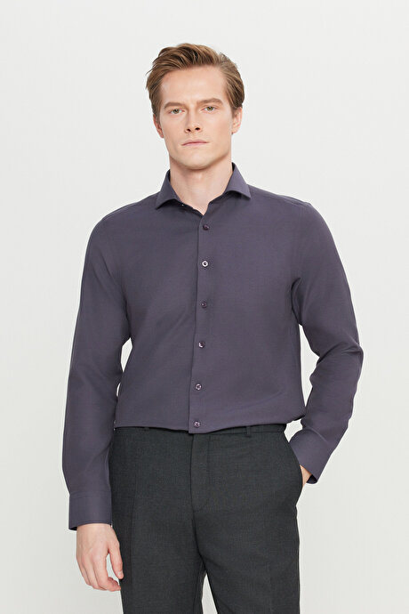 Pamuklu Oxford Tailored Slim Fit Dar Kesim Küçük İtalyan Yaka Armürlü Antrasit Gömlek resmi