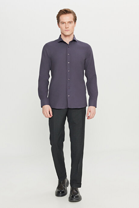 Pamuklu Oxford Tailored Slim Fit Dar Kesim Küçük İtalyan Yaka Armürlü Antrasit Gömlek resmi