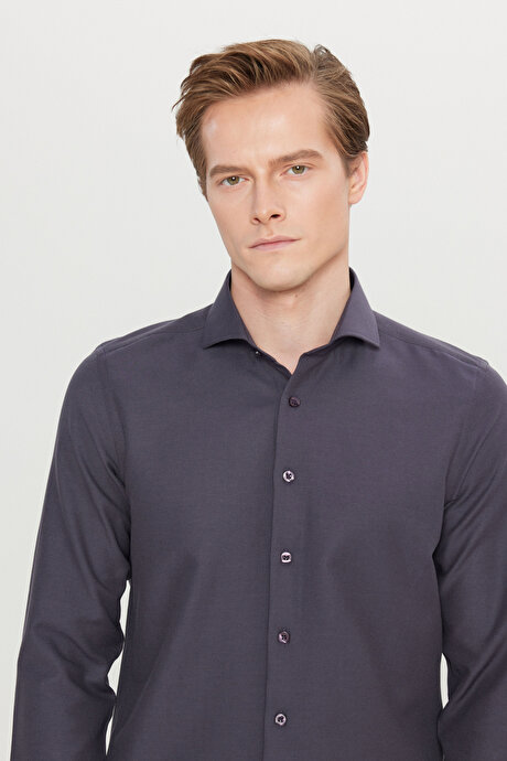Pamuklu Oxford Tailored Slim Fit Dar Kesim Küçük İtalyan Yaka Armürlü Antrasit Gömlek resmi