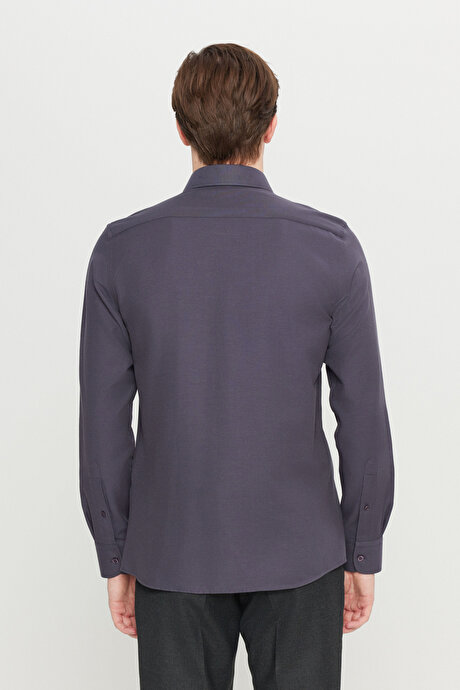 Pamuklu Oxford Tailored Slim Fit Dar Kesim Küçük İtalyan Yaka Armürlü Antrasit Gömlek resmi