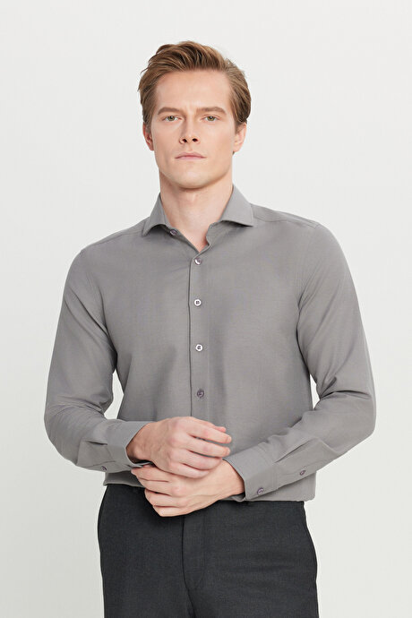 Pamuklu Oxford Tailored Slim Fit Dar Kesim Küçük İtalyan Yaka Armürlü Gri Gömlek resmi