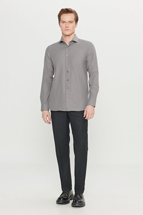 Pamuklu Oxford Tailored Slim Fit Dar Kesim Küçük İtalyan Yaka Armürlü Gri Gömlek resmi