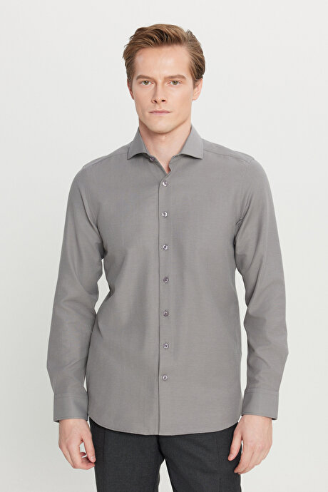Pamuklu Oxford Tailored Slim Fit Dar Kesim Küçük İtalyan Yaka Armürlü Gri Gömlek resmi