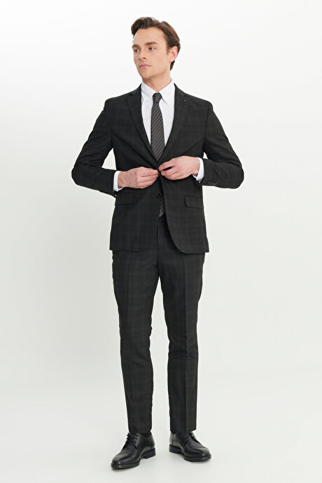 Yün Slim Fit Dar Kesim Mono Yaka Kapak Cepli Kareli Esnek Siyah-Gri Takım Elbise resmi