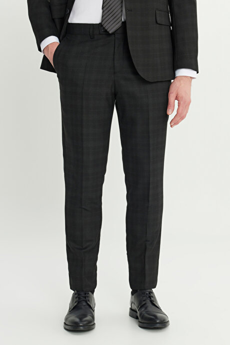 Yün Slim Fit Dar Kesim Mono Yaka Kapak Cepli Kareli Esnek Siyah-Gri Takım Elbise resmi