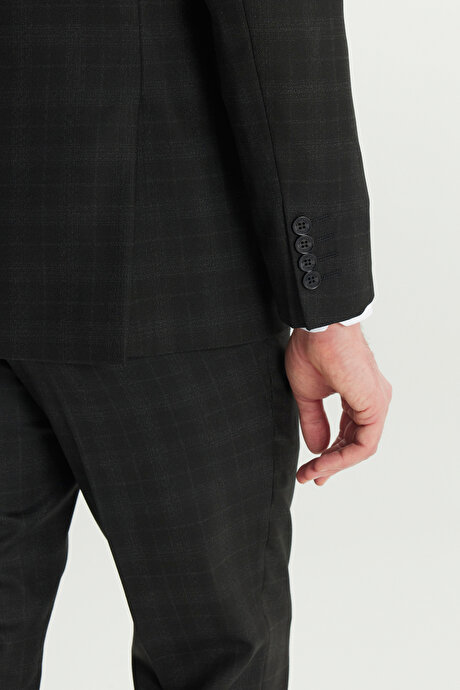 Yün Slim Fit Dar Kesim Mono Yaka Kapak Cepli Kareli Esnek Siyah-Gri Takım Elbise resmi