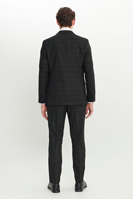 Yün Slim Fit Dar Kesim Mono Yaka Kapak Cepli Kareli Esnek Siyah-Gri Takım Elbise resmi