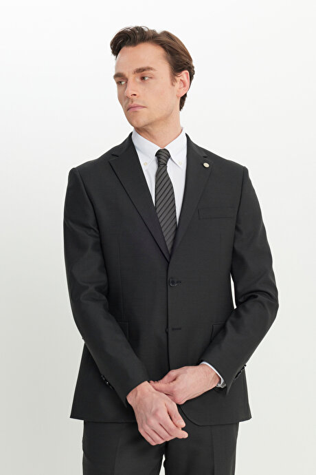 Yünlü Slim Fit Dar Kesim Mono Yaka Desenli Kapak Cepli Siyah Takım Elbise resmi