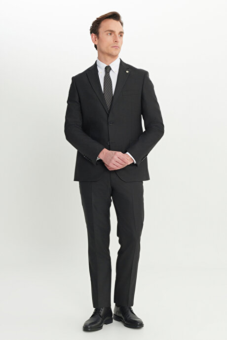 Yünlü Slim Fit Dar Kesim Mono Yaka Desenli Kapak Cepli Siyah Takım Elbise resmi