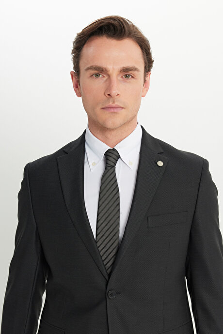 Yünlü Slim Fit Dar Kesim Mono Yaka Desenli Kapak Cepli Siyah Takım Elbise resmi