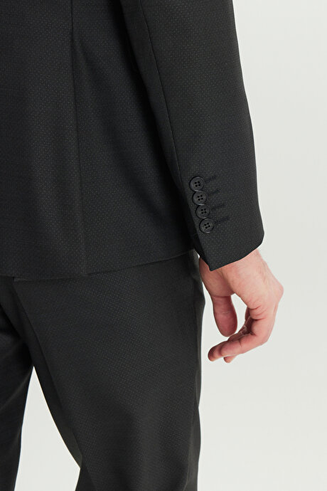 Yünlü Slim Fit Dar Kesim Mono Yaka Desenli Kapak Cepli Siyah Takım Elbise resmi