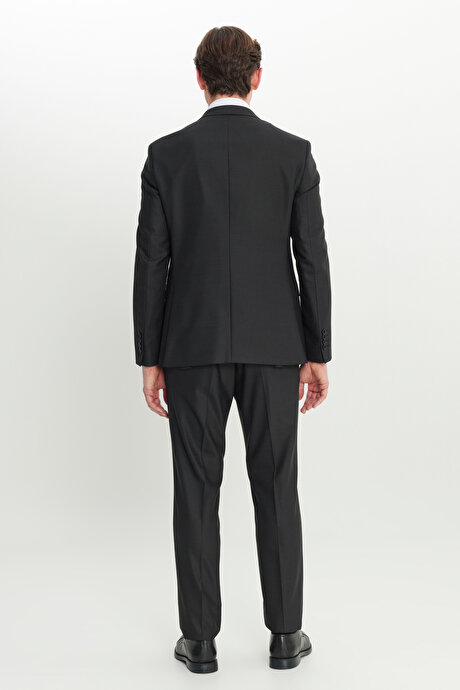 Yünlü Slim Fit Dar Kesim Mono Yaka Desenli Kapak Cepli Siyah Takım Elbise resmi