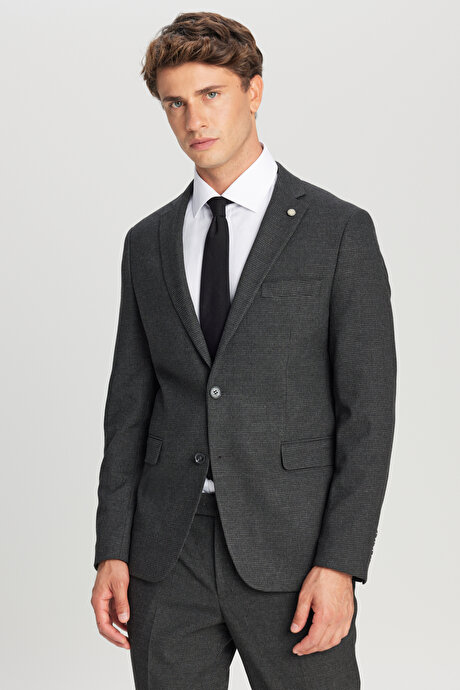 Slim Fit Dar Kesim Mono Yaka Kapak Cepli Desenli Esnek Antrasit Takım Elbise resmi