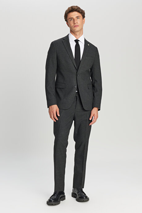 Slim Fit Dar Kesim Mono Yaka Kapak Cepli Desenli Esnek Antrasit Takım Elbise resmi