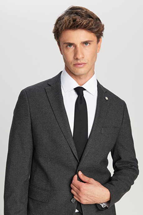 Slim Fit Dar Kesim Mono Yaka Kapak Cepli Desenli Esnek Antrasit Takım Elbise resmi