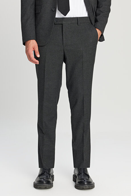 Slim Fit Dar Kesim Mono Yaka Kapak Cepli Desenli Esnek Antrasit Takım Elbise resmi