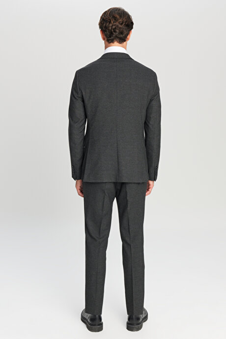 Slim Fit Dar Kesim Mono Yaka Kapak Cepli Desenli Esnek Antrasit Takım Elbise resmi
