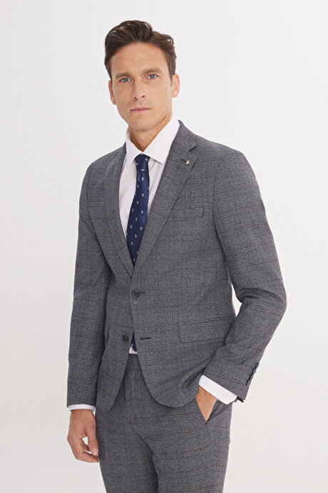 Ekstra Slim Fit Dar Kesim Mono Yaka Kareli Kapak Cepli Gri-Mavi Takım Elbise resmi