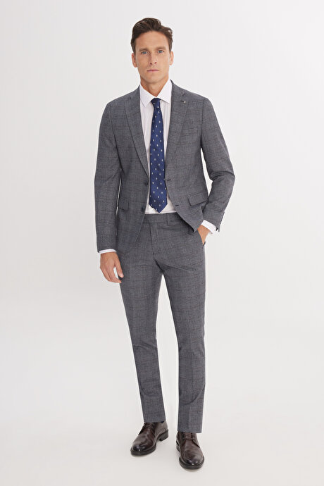 Ekstra Slim Fit Dar Kesim Mono Yaka Kareli Kapak Cepli Gri-Mavi Takım Elbise resmi