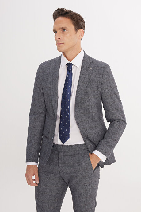 Ekstra Slim Fit Dar Kesim Mono Yaka Kareli Kapak Cepli Gri-Mavi Takım Elbise resmi