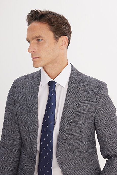 Ekstra Slim Fit Dar Kesim Mono Yaka Kareli Kapak Cepli Gri-Mavi Takım Elbise resmi