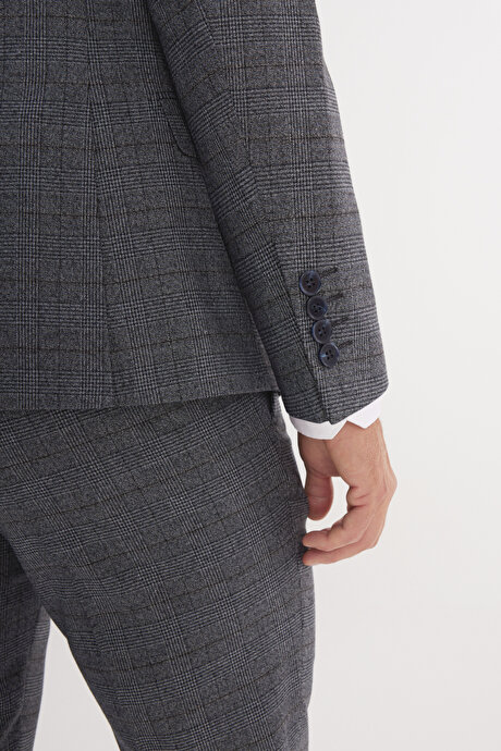 Ekstra Slim Fit Dar Kesim Mono Yaka Kareli Kapak Cepli Gri-Mavi Takım Elbise resmi